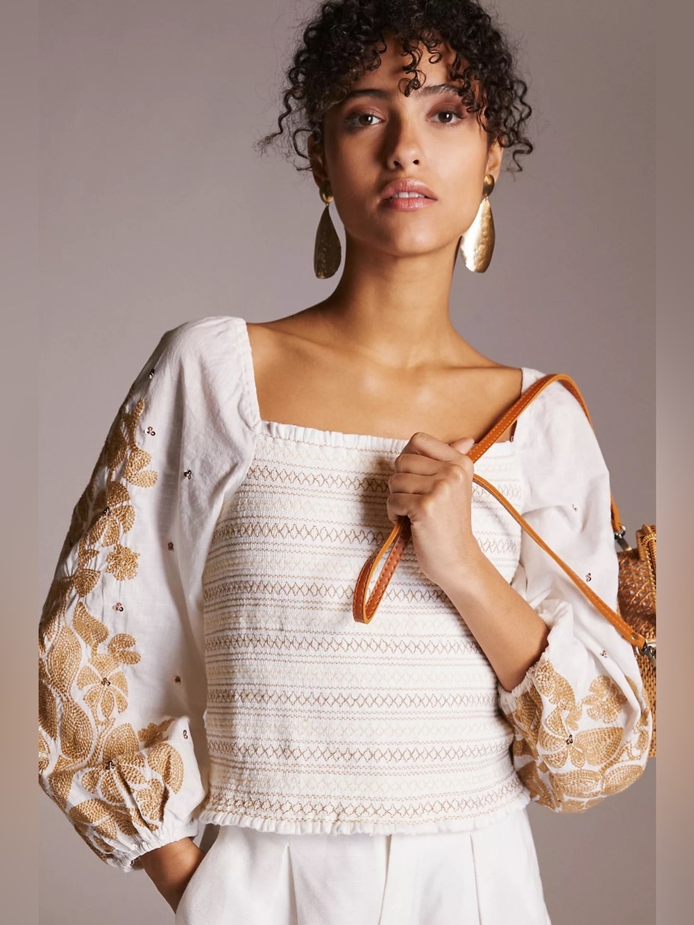 Anthropologie Embroidered Smocked Puff Sleeve Crop Top Ivory Gold Floral 2X